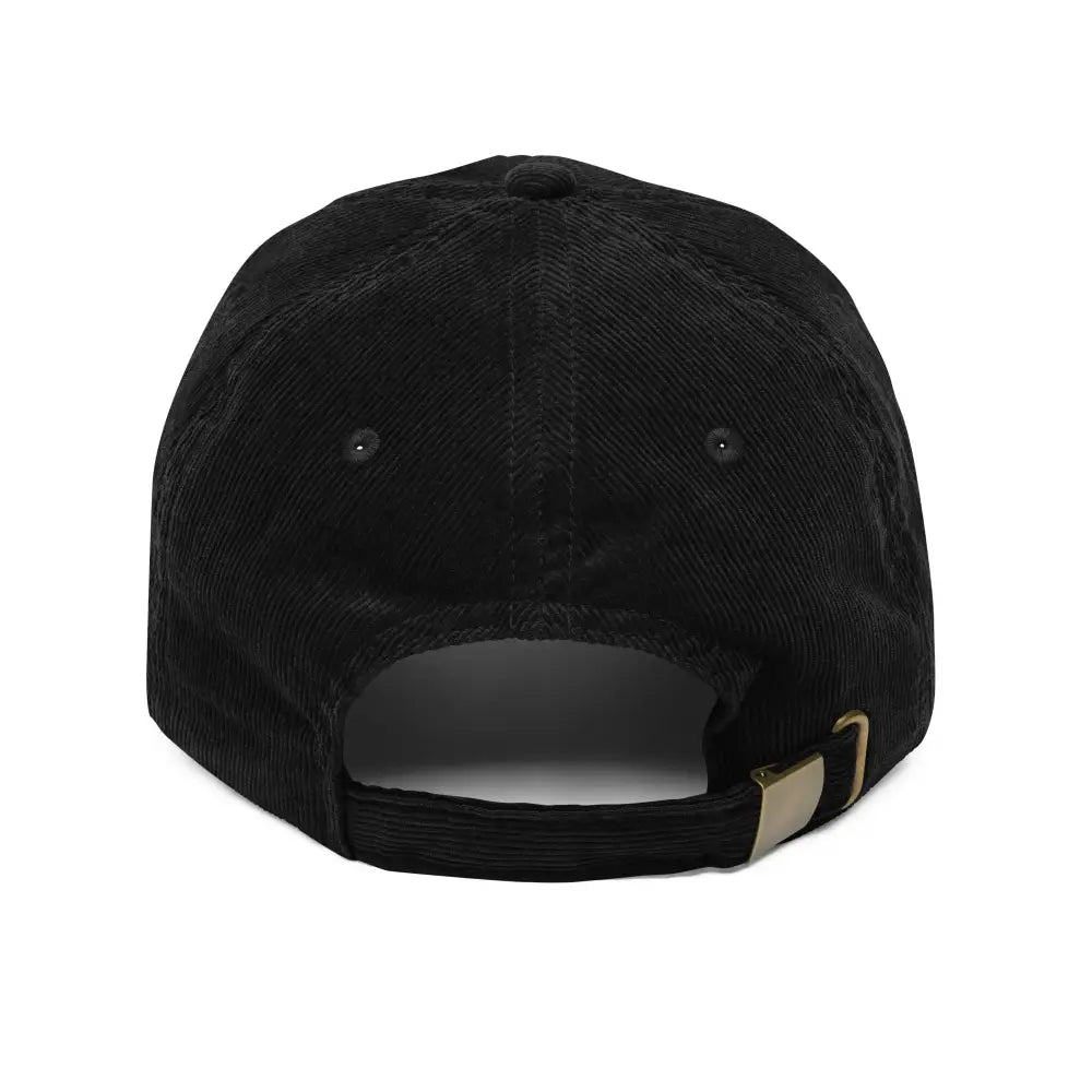 Black embroidered corduroy cap with cuddling otters design