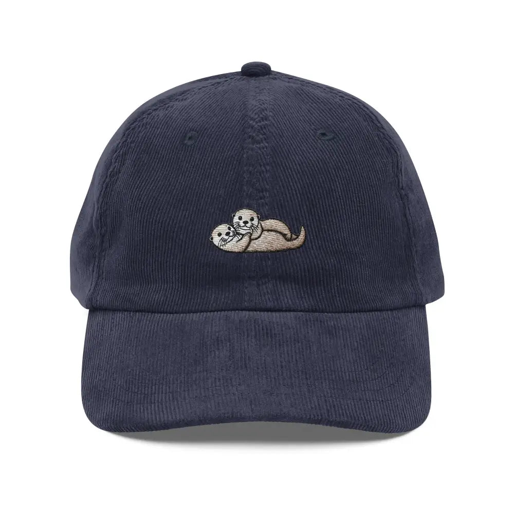 Navy blue embroidered corduroy cap with cuddling otters