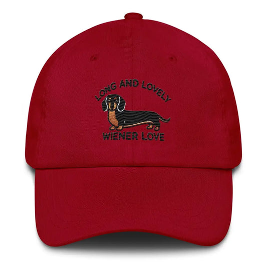 Embroidered ’Dachshund Long and Lovely Weiner Love’ Dad Hat Low Profile Adjustable Cap Dog - Cranberry - Hats red