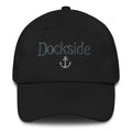 Embroidered Dockside dad hat in black cotton twill with silver-grey anchor