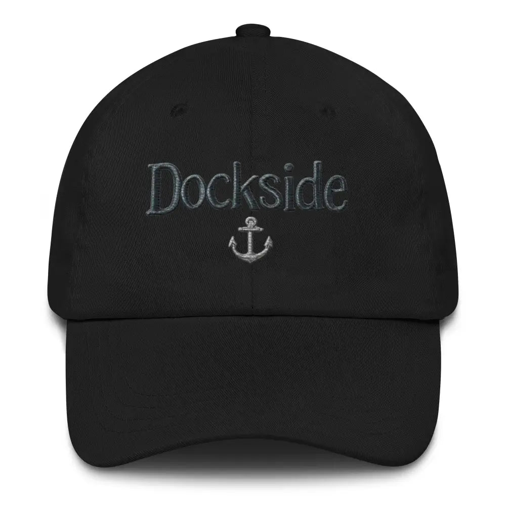 Embroidered Dockside dad hat in black cotton twill with silver-grey anchor