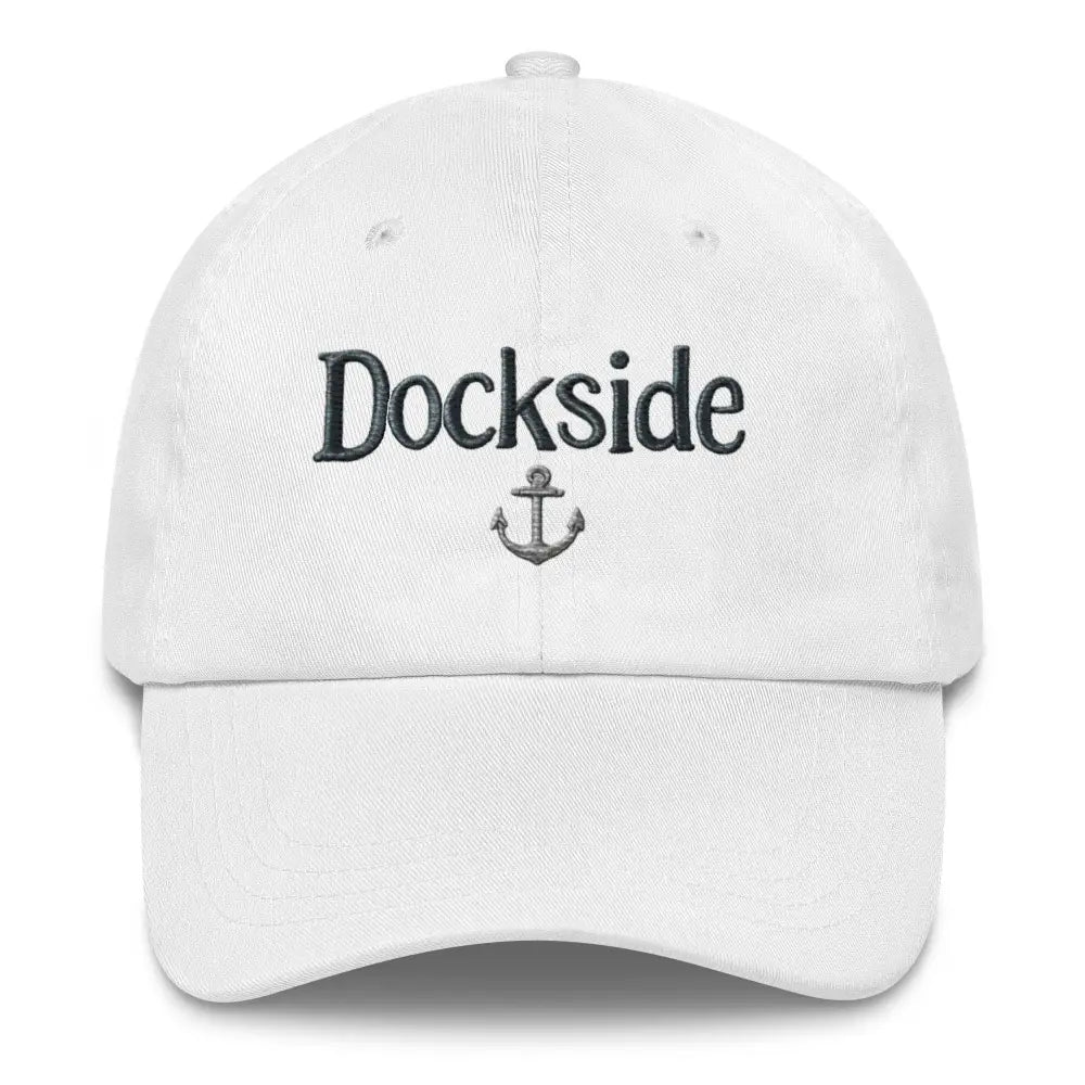 White embroidered dockside dad hat in cotton twill with anchor