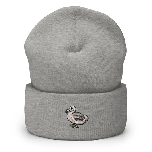 Embroidered Dodo Bird Cuffed Beanie Cozy Hat for Nature Lovers - Heather Grey - gray knit beanie embroidered dodo 1