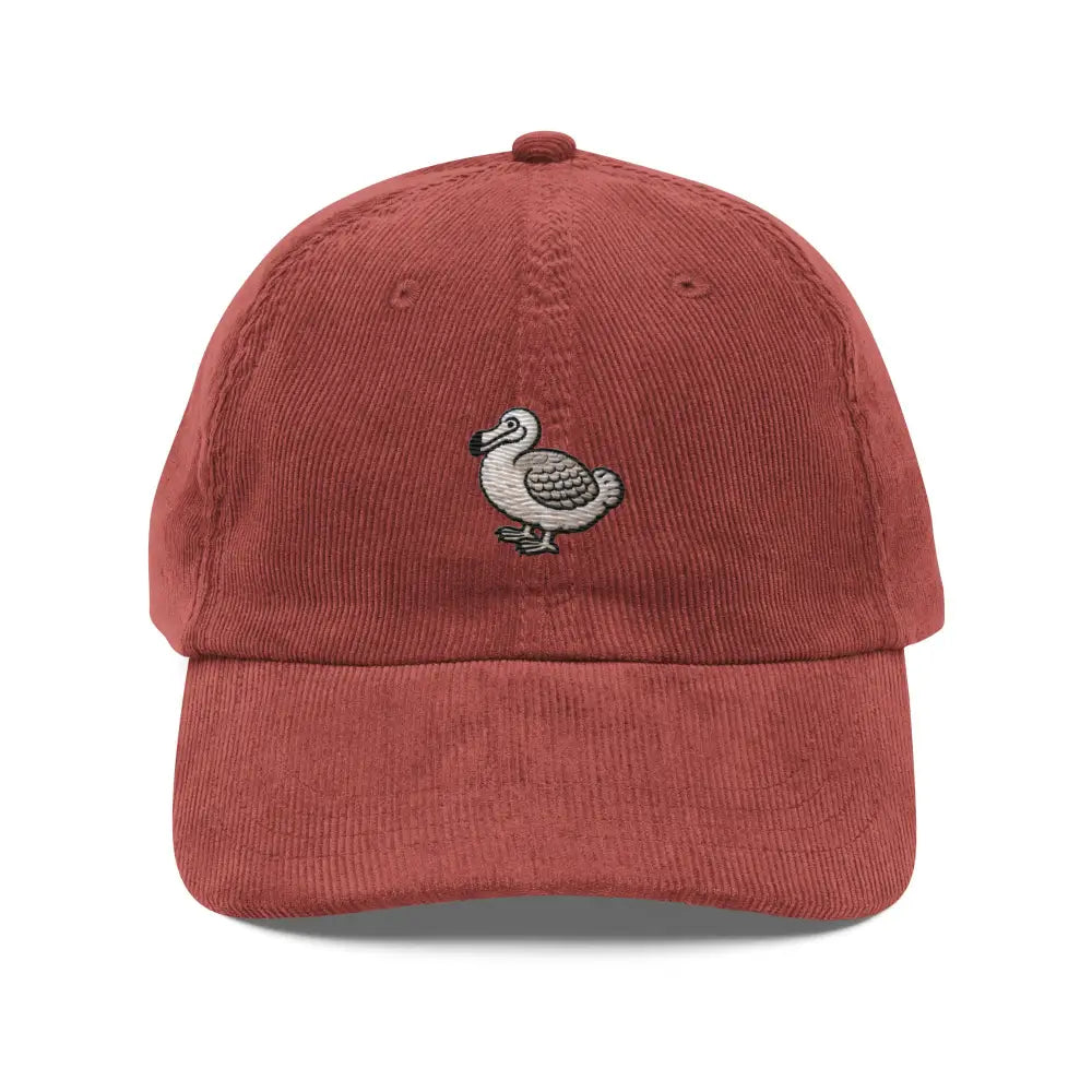 Embroidered dodo bird on red corduroy baseball cap by Trini Skies