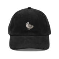 Embroidered dodo bird on black corduroy baseball cap by Trini Skies