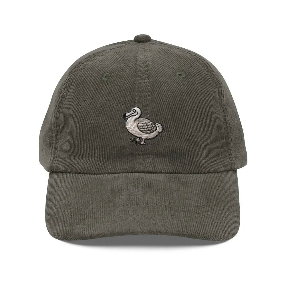 Embroidered dodo bird on olive green corduroy baseball cap