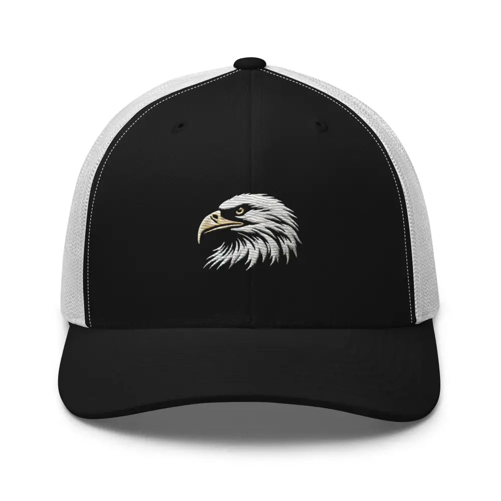 Black and white classic mesh embroidered eagle trucker cap with adjustable snapback