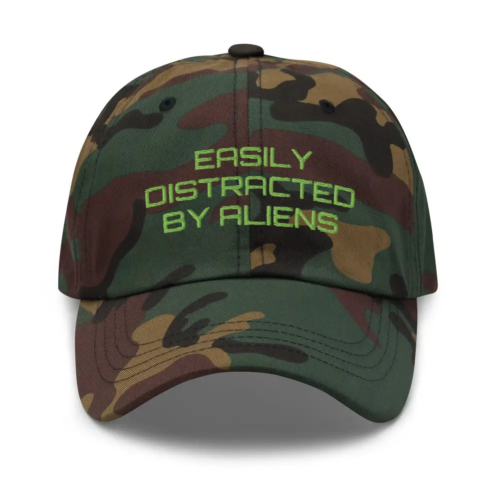 Trini Skies embroidery easily distracted alien dad hat in camo with neon green text