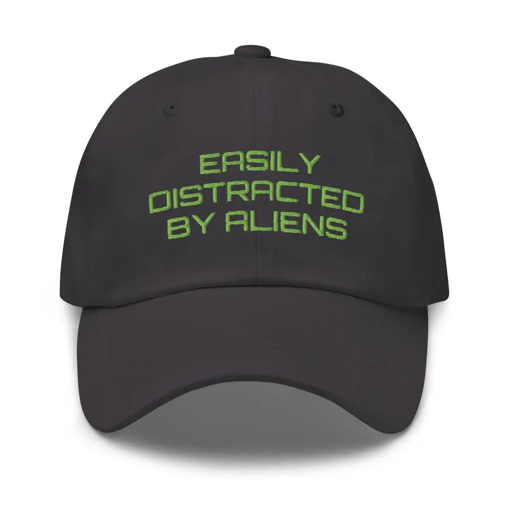 Dark gray alien dad hat with Trini Skies embroidery easily distracted design
