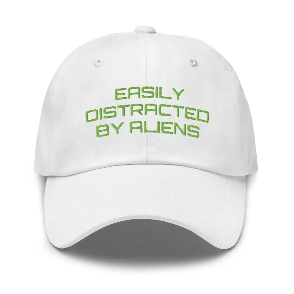 White Trini Skies alien dad hat with easily distracted embroidery