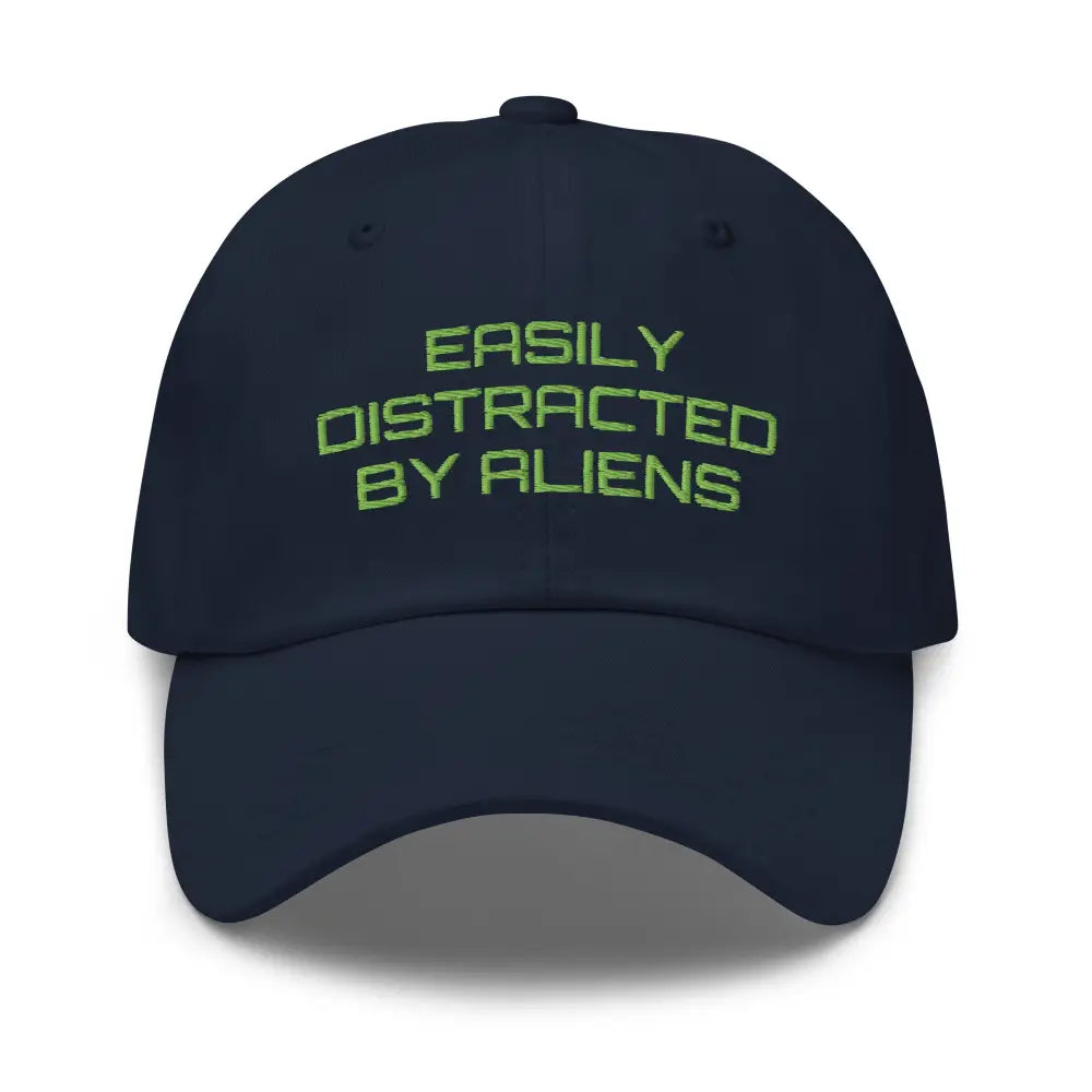 Navy blue alien dad hat with Trini Skies embroidery easily distracted