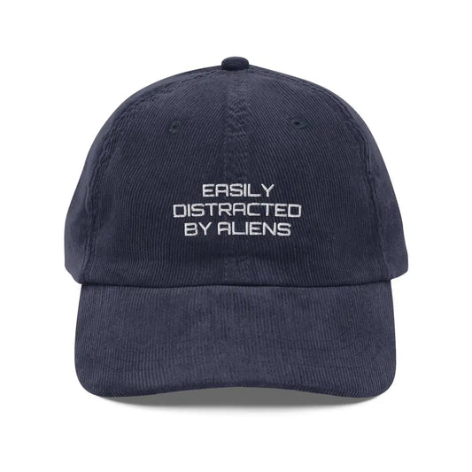 Embroidered Easily Distracted by Aliens Vintage Corduroy Cap | Adjustable Strap - Navy - Hats navy blue corduroy