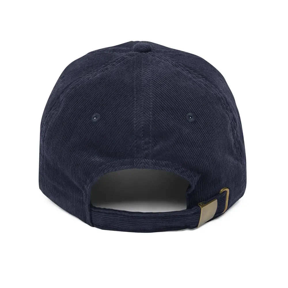 Vintage corduroy cap with embroidered European goldfinch in navy blue