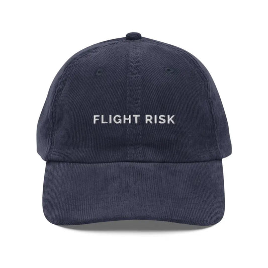 Embroidered Flight Risk Vintage Corduroy Cap Adjustable Strap - Navy - Hats navy blue corduroy baseball cap 1