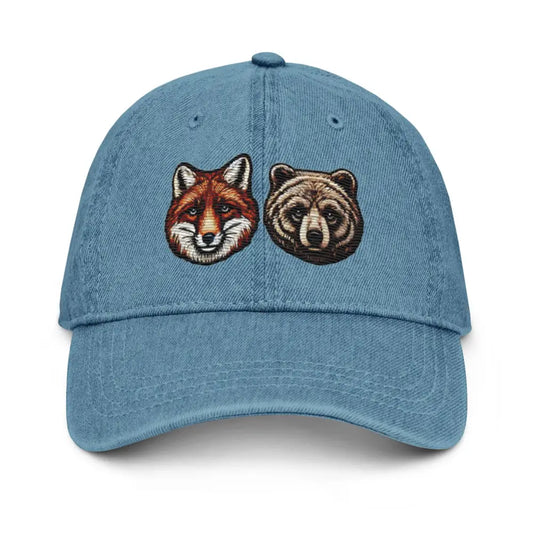 Embroidered Fox and Bear Wildlife Denim Hat – Perfect for Campers Hikers! - Blue - Hats blue denim baseball cap