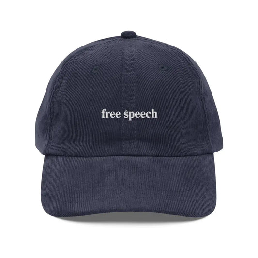 Embroidered Free Speech Vintage Corduroy Cap Adjustable Strap - Navy - Hats dark blue corduroy baseball cap 1