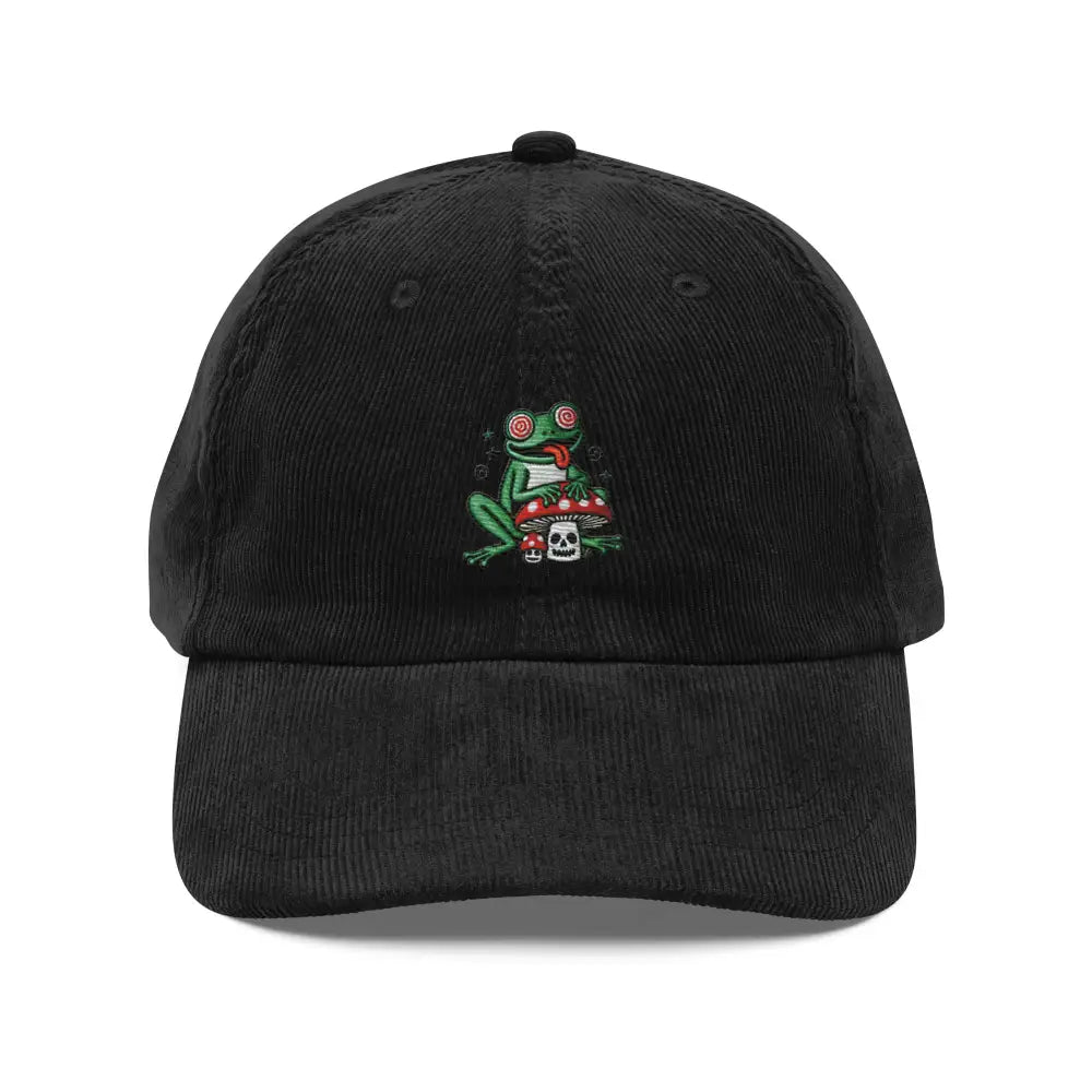 Trini Skies black embroidered corduroy cap with psychedelic frog and mushroom design