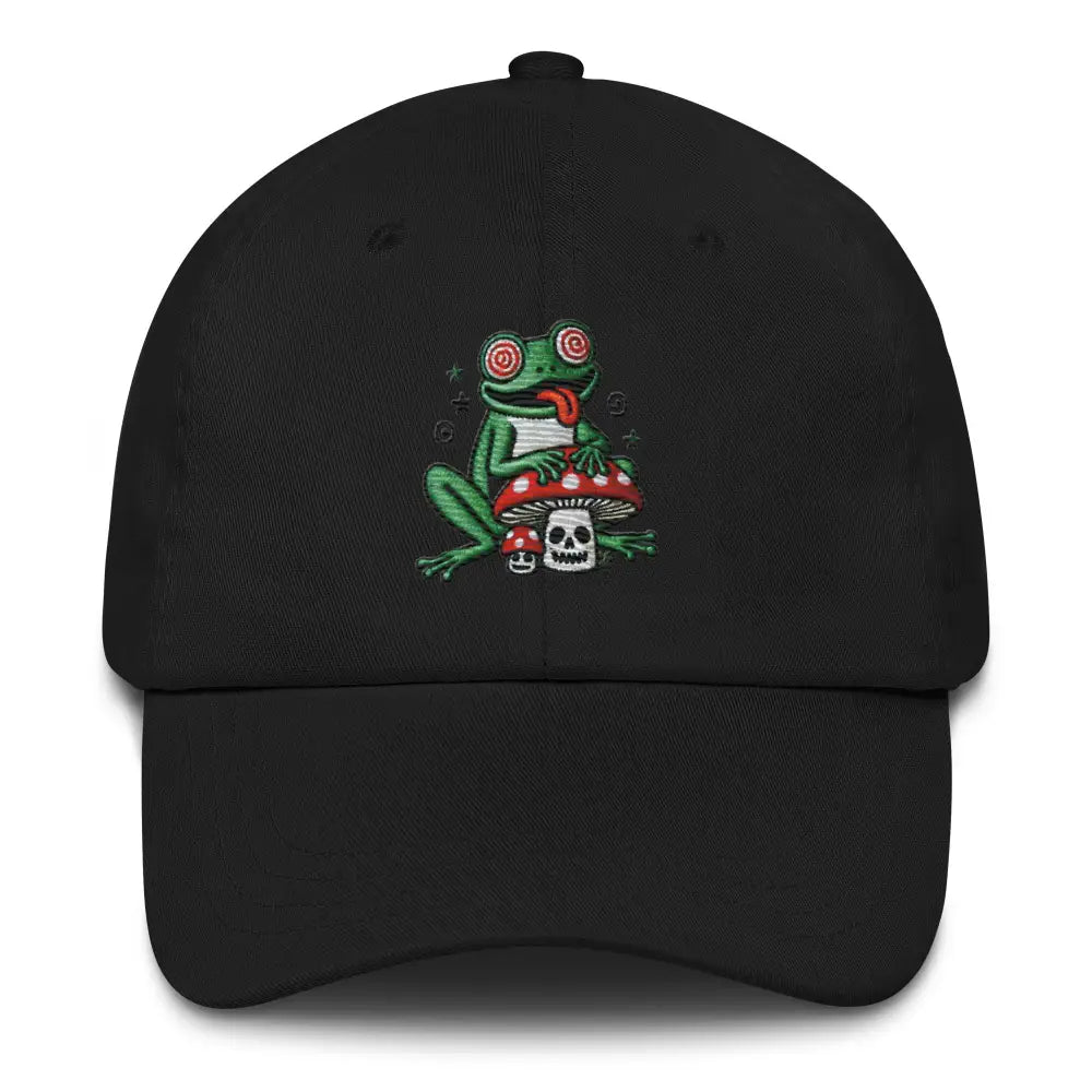 Trini Skies black embroidered mushroom dad hat with frog skull design