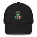 Trini Skies black embroidered mushroom dad hat with frog skull design