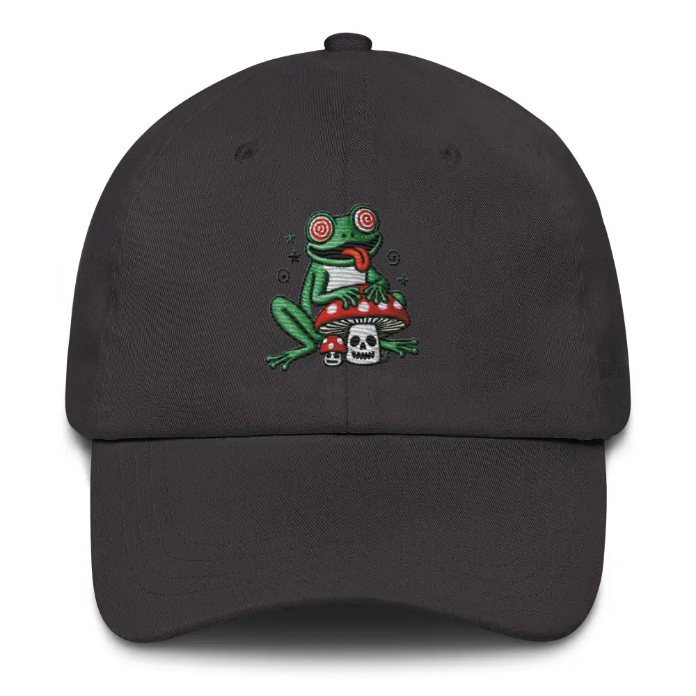 Trini Skies embroidered corduroy cap with psychedelic frog and mushroom