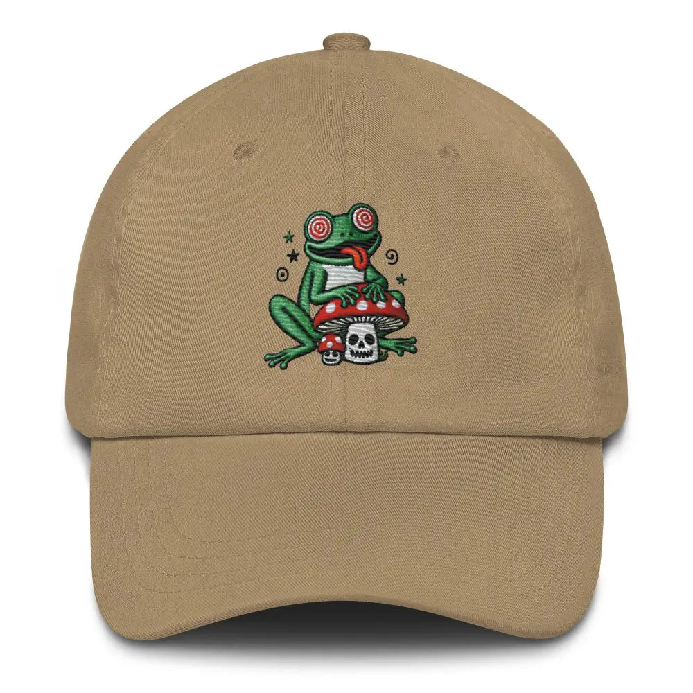 Trini Skies embroidered corduroy cap with psychedelic frog on mushroom and skulls