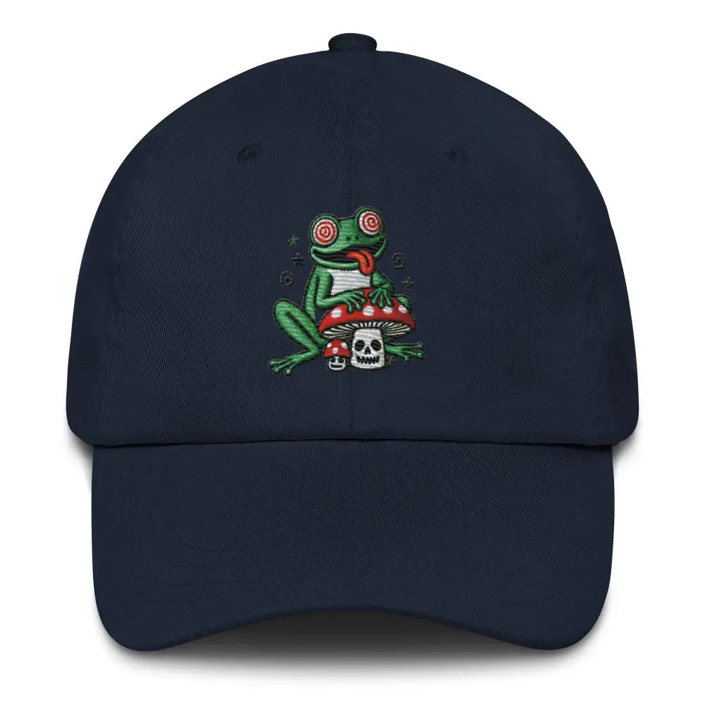 Trini Skies embroidered corduroy cap with frog on mushroom design