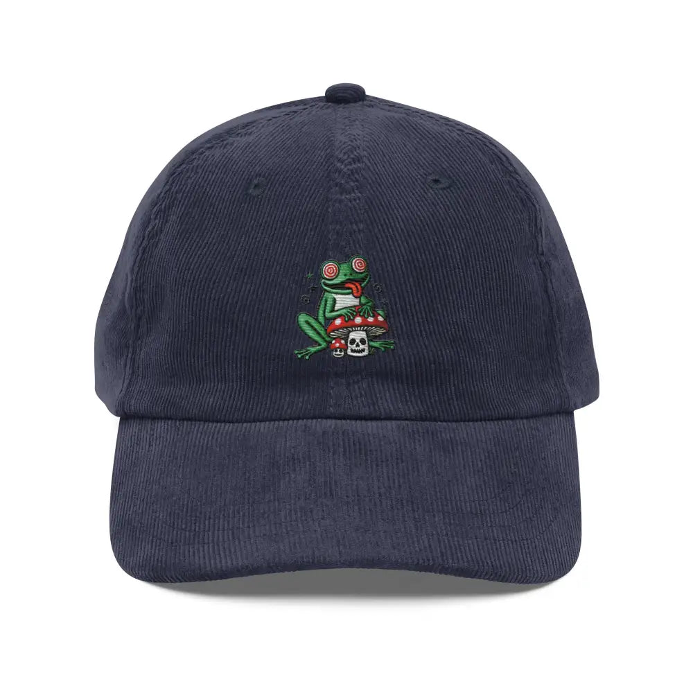 Trini Skies navy blue embroidered corduroy cap with frog on mushroom