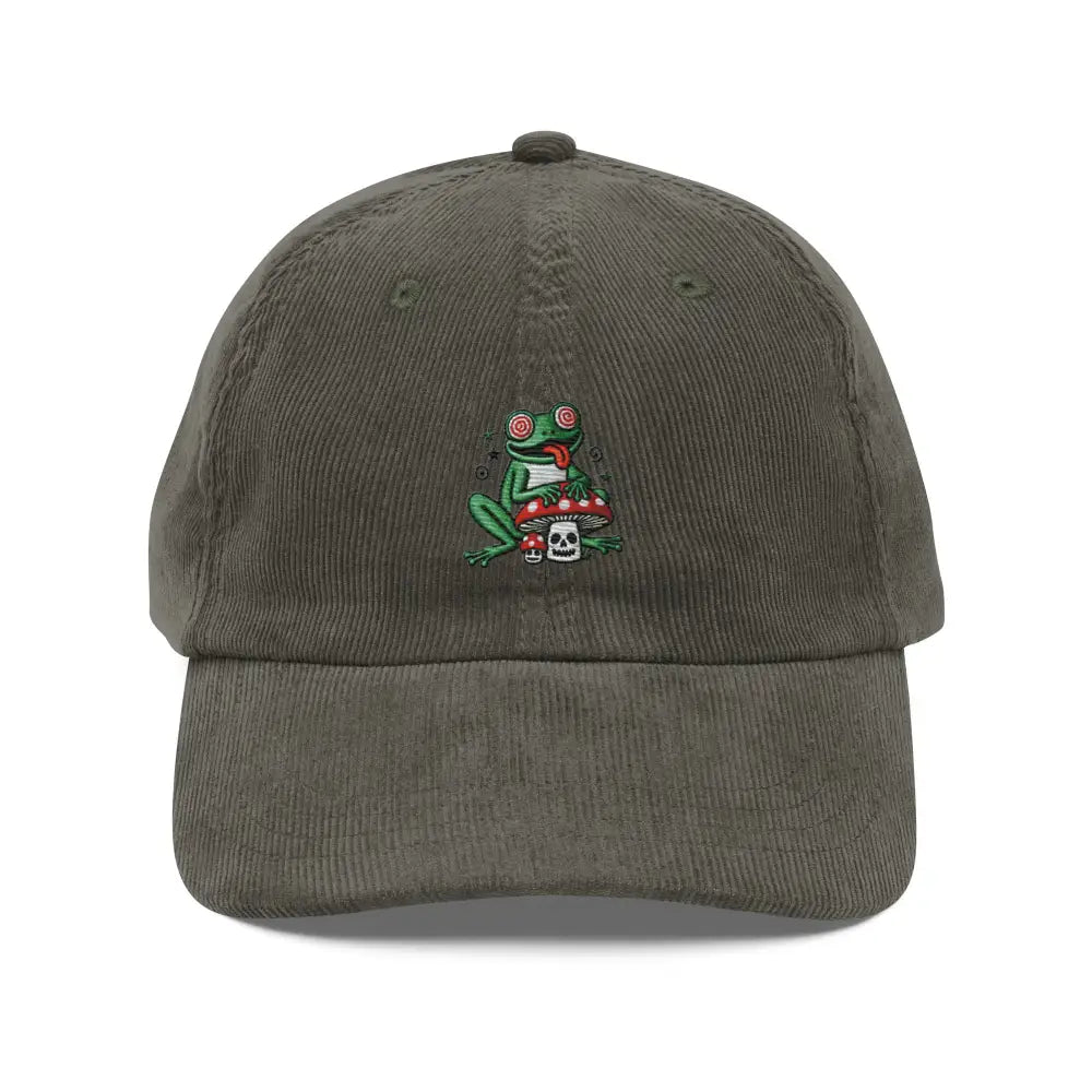Trini Skies olive green mushroom embroidered dad hat with trippy frog