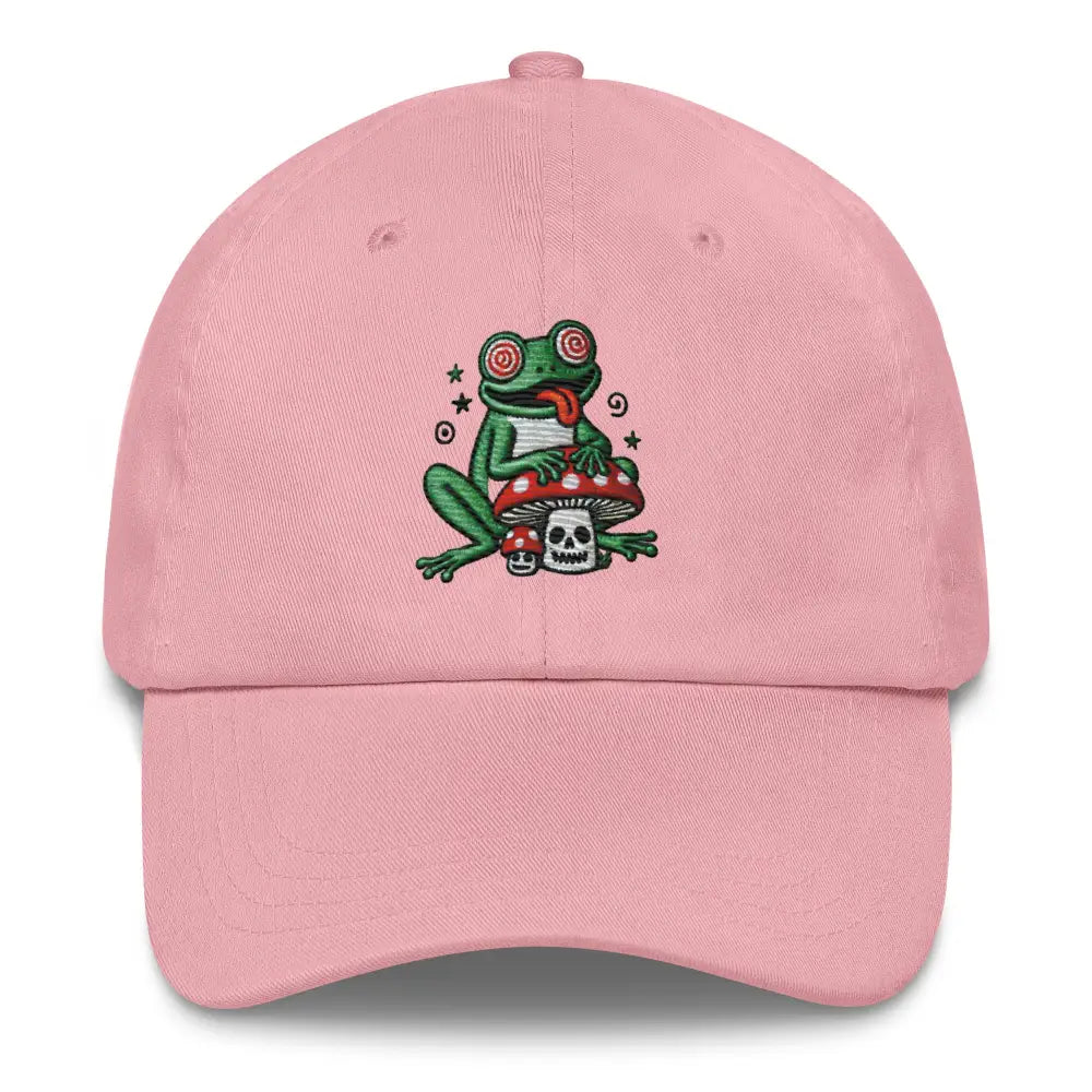 Pink Trini Skies embroidered corduroy cap with frog, mushroom, skull design