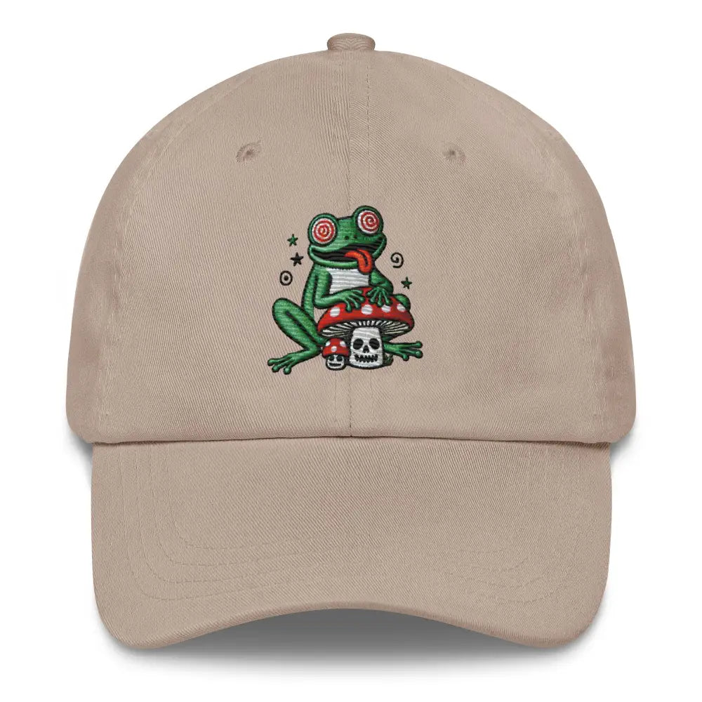 Trini Skies embroidered corduroy cap with psychedelic frog and mushroom design