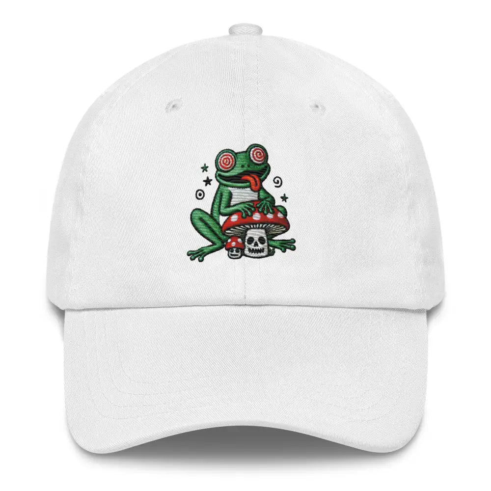 Trini Skies embroidered corduroy cap with frog and mushroom design
