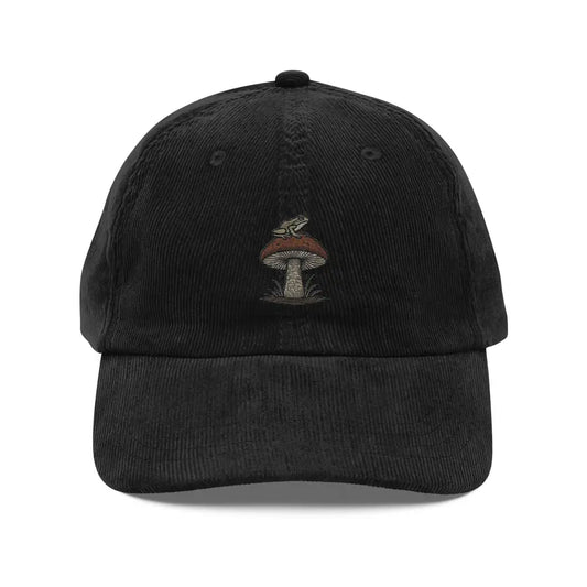 Embroidered Frog on Mushroom Vintage Corduroy Cap - Black - Hats black corduroy baseball cap embroidered 1