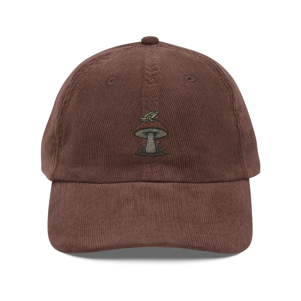 Embroidered Frog on Mushroom Vintage Corduroy Cap - Brown - Hats brown corduroy baseball cap embroidered 3