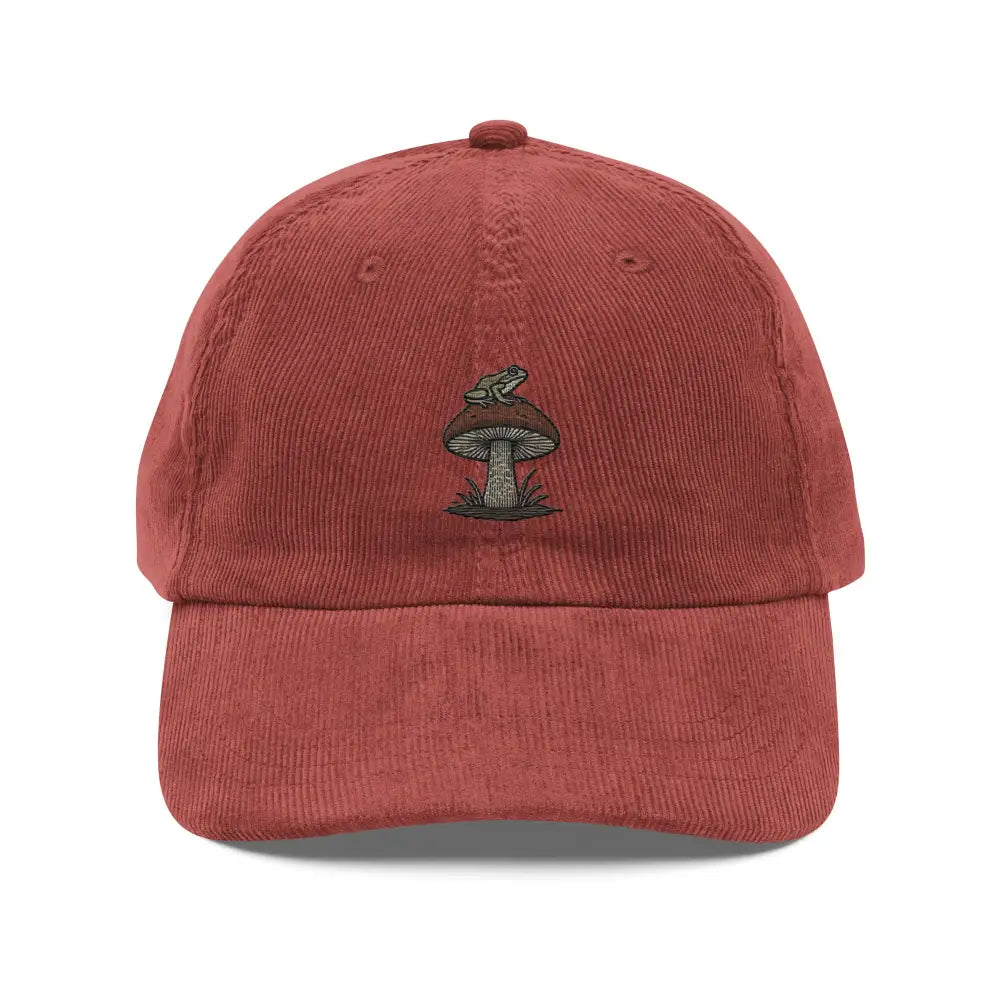Red vintage corduroy cap with embroidered frog on mushroom