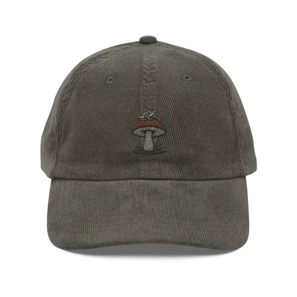 Embroidered Frog on Mushroom Vintage Corduroy Cap - Olive - Hats olive green corduroy baseball cap 4