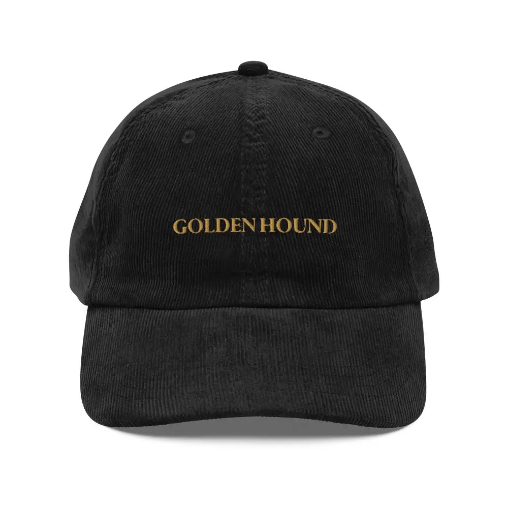 Black vintage corduroy cap with embroidered golden hound by Trini Skies