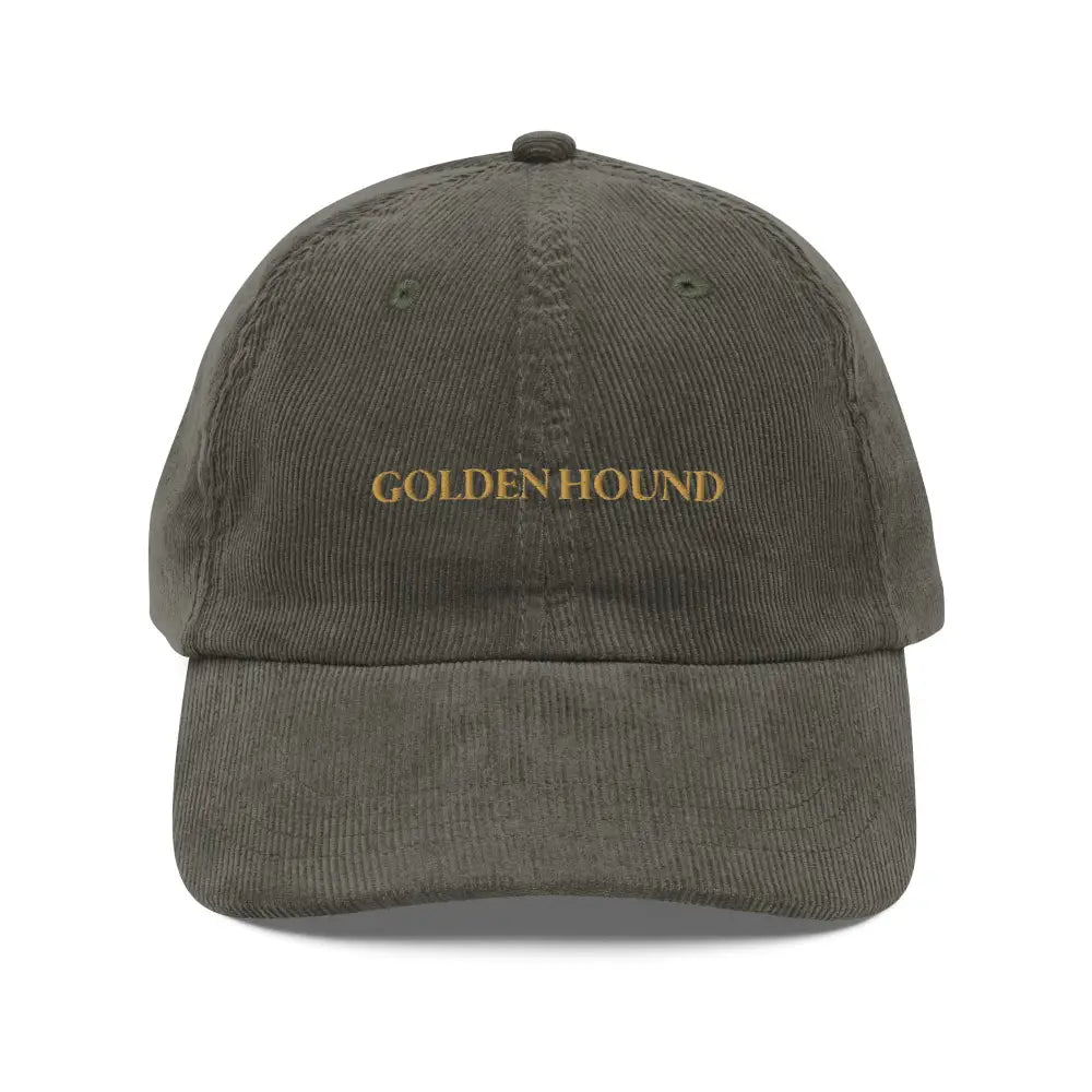 Trini Skies embroidered golden hound vintage corduroy cap in olive green