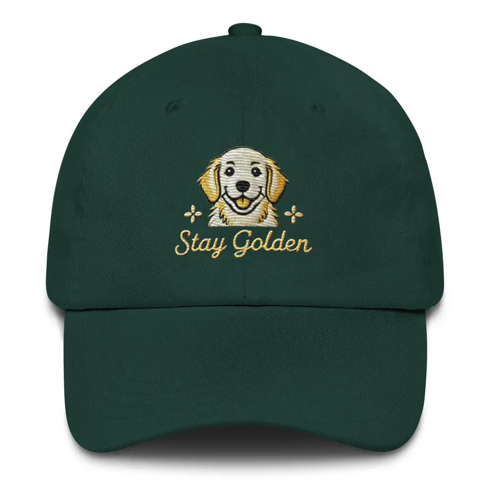 Dark green embroidered golden retriever dad hat with Stay Golden text