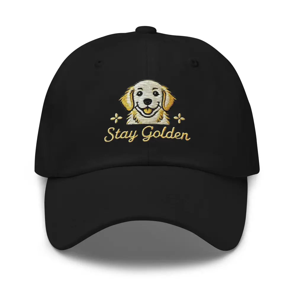 Black golden dad hat with embroidered golden retriever and Stay Golden text, premium adjustable cap