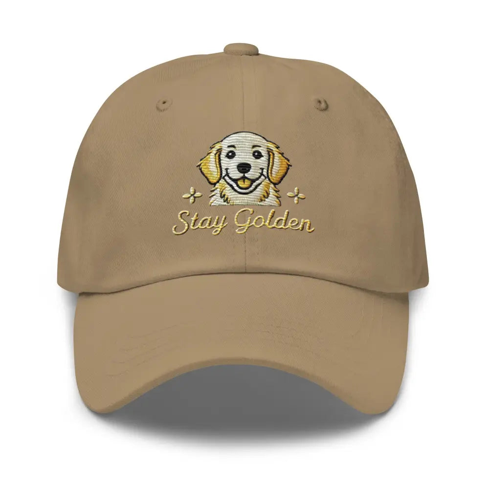Tan golden dad hat with embroidered golden retriever and Stay Golden phrase, Trini Skies
