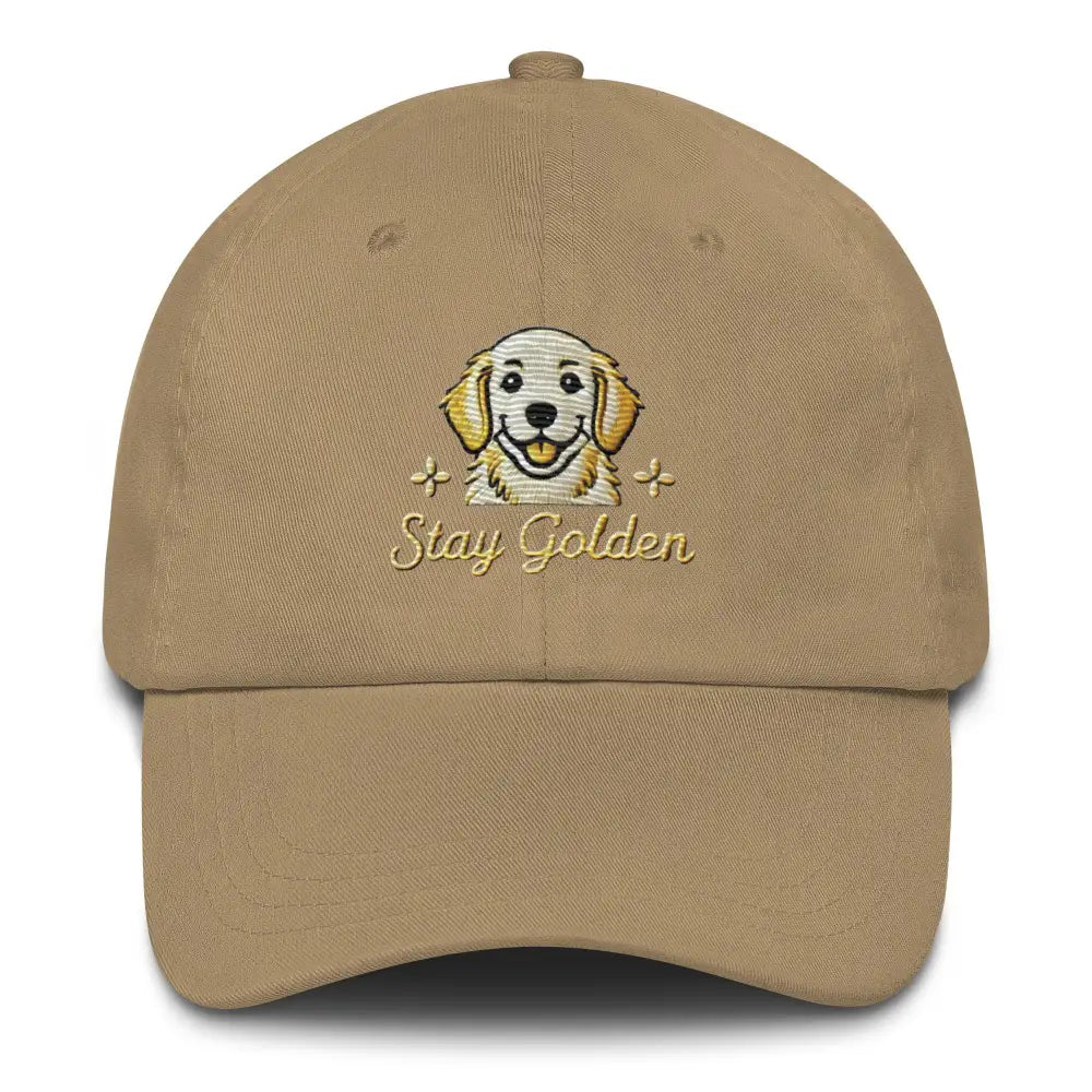 Khaki Golden Dad Hat with Embroidered Golden Retriever and Stay Golden Text