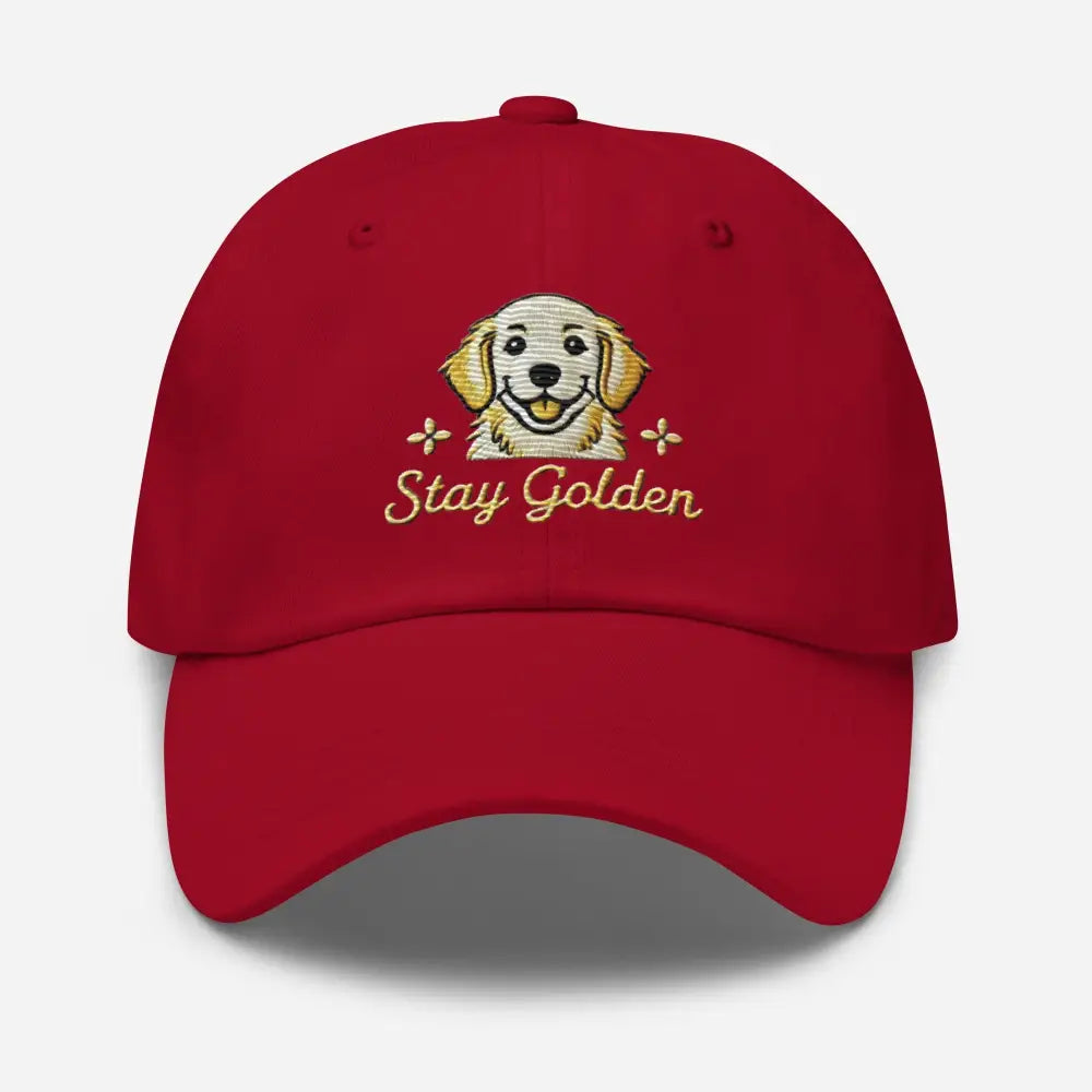 Red golden dad hat with embroidered golden retriever and Stay Golden text
