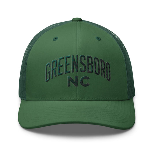 Embroidered Greensboro NC Trucker Cap | North Carolina - Evergreen - Hats dark green trucker hat mesh 1