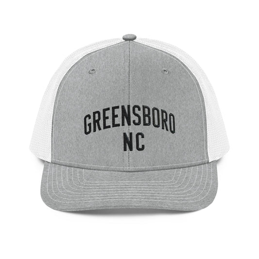 Embroidered Greensboro NC Trucker Cap | North Carolina V - Heather Grey/White - Hats gray white trucker hat 1