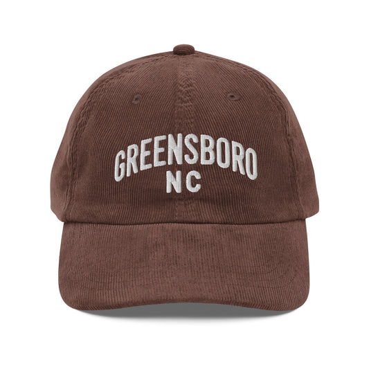 Embroidered Greensboro NC Vintage Corduroy Cap | North Carolina Travel Hat Gift - Brown - Hats brown corduroy baseball