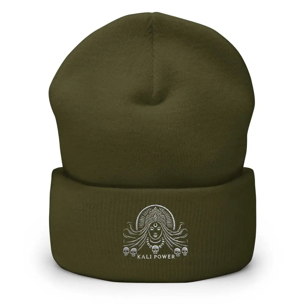 Olive green Kali Power Embroidered Beanie Destroyer Cuffed Style with Kali goddess skulls