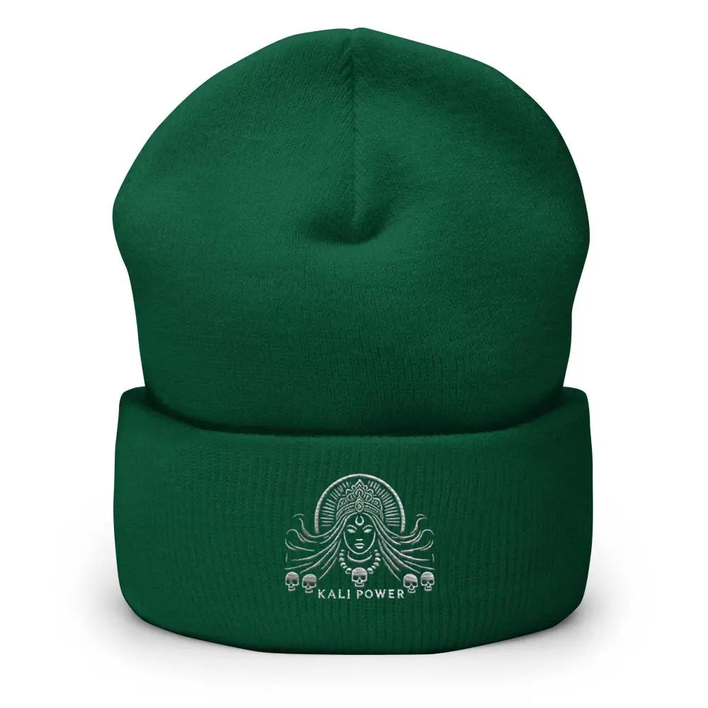 Emerald green destroyer cuffed beanie with Kali Power embroidery