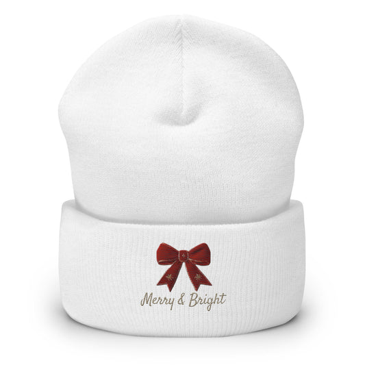 Embroidered Holiday Christmas Bow Cuffed Beanie | Cozy Winter Hat - White - Hats white beanie red bow merry 1