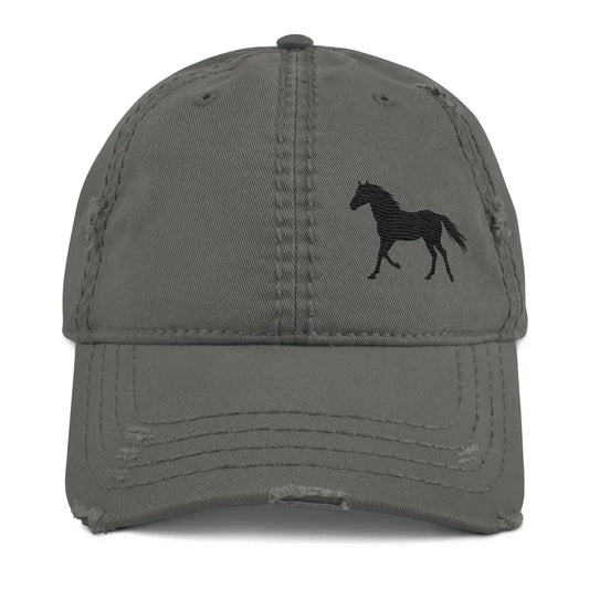 Embroidered Horse Distressed Dad Hat Equestrian Gift for Lovers - Charcoal Grey - Hats distressed gray baseball cap