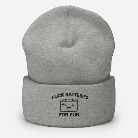 Embroidered I Lick Batteries for Fun Cuffed Beanie – Funny Unisex Winter Hat - light grey knit beanie embroidered 1